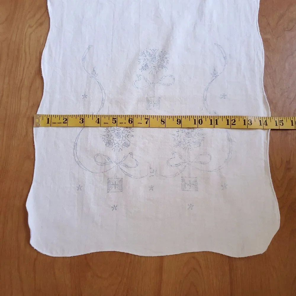 White Table Runner Stamped For Embroidery 38 x 14 Flower Bow Cottagecore Grandma